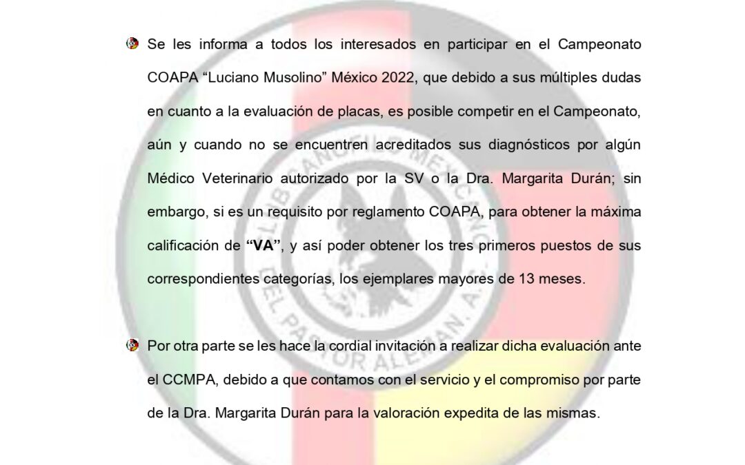 NOTA ACLARATORIA CAMPEONATO DE CRIANZA COAPA, MÉXICO 2022.